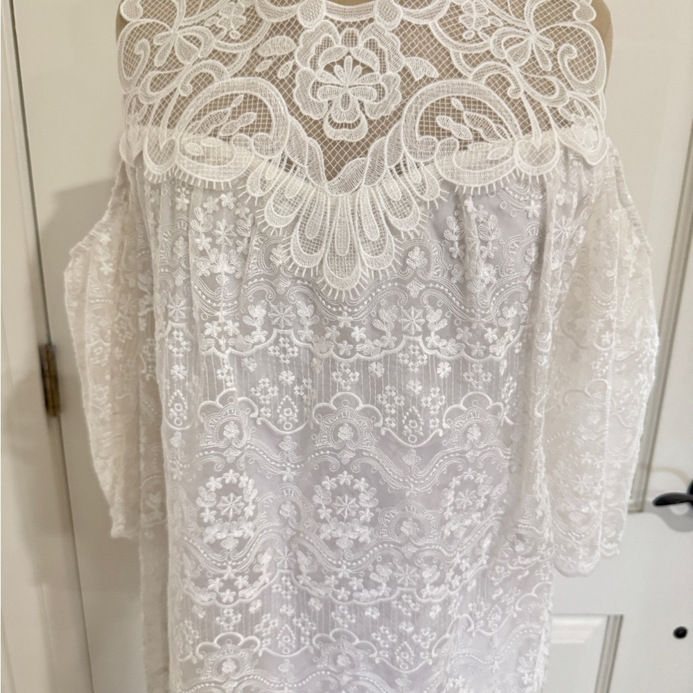 Kobi Halperin Womens White Lace Blouse XS Cold Shoulder Silk Festival Career Top